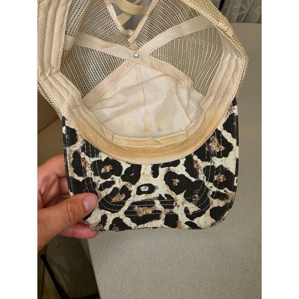 Leopard Print God Bless The USA Distressed Trucker Hat With Mesh‎ Back